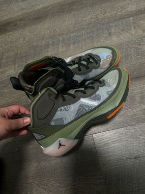 Jordan Olive Green and Orange High-Top Sneakers